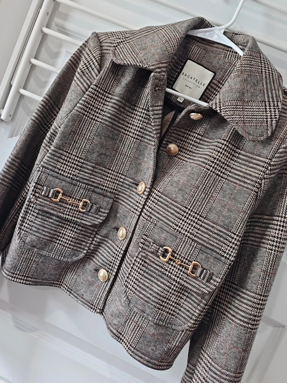bagatelle Girls' Plaid Tweed Jacket in Brown and Gray with Gold Hardware